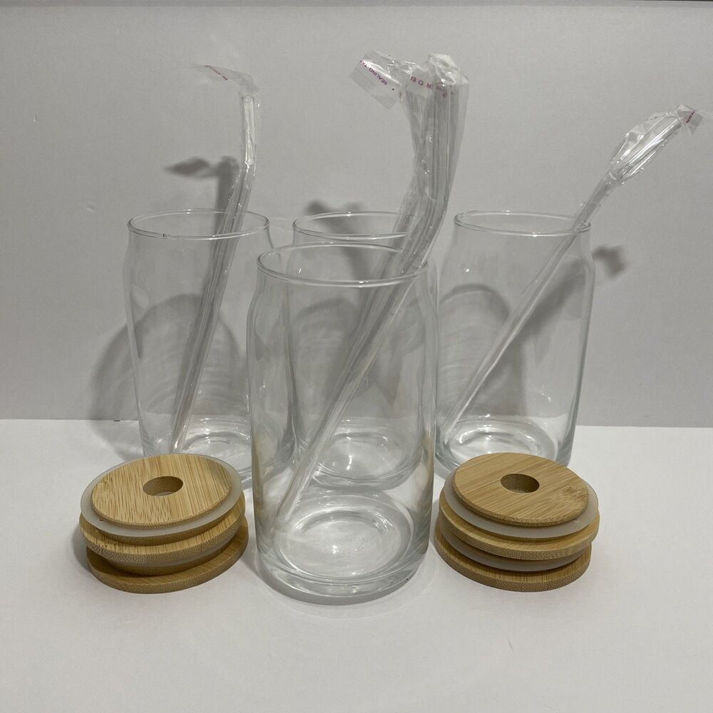 4-Piece Eco-Friendly Glasses Set with Bamboo Lids & Glass Straws 16oz Can Shaped